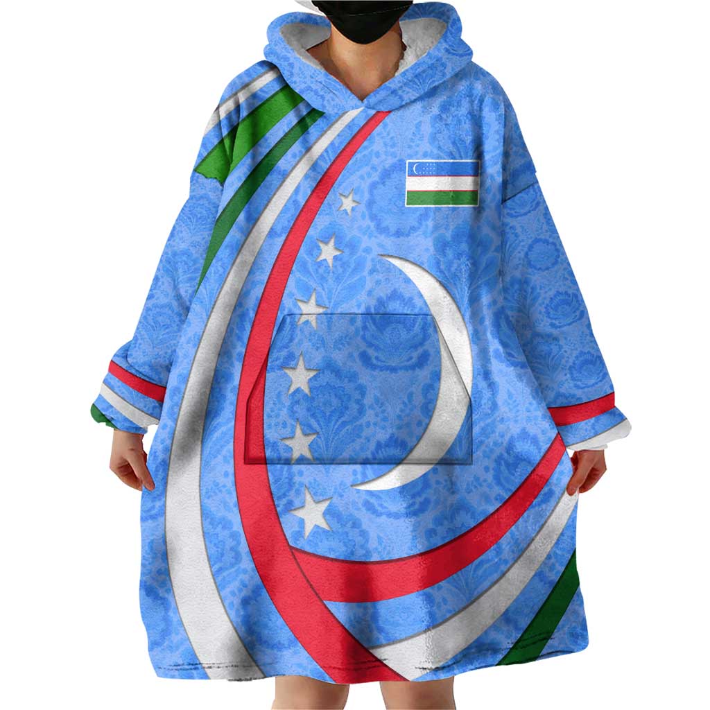 Uzbekistan Wearable Blanket Hoodie with Crescent Star and Ornamental Swirl Design - Wonder Print Shop