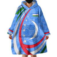 Uzbekistan Wearable Blanket Hoodie with Crescent Star and Ornamental Swirl Design - Wonder Print Shop
