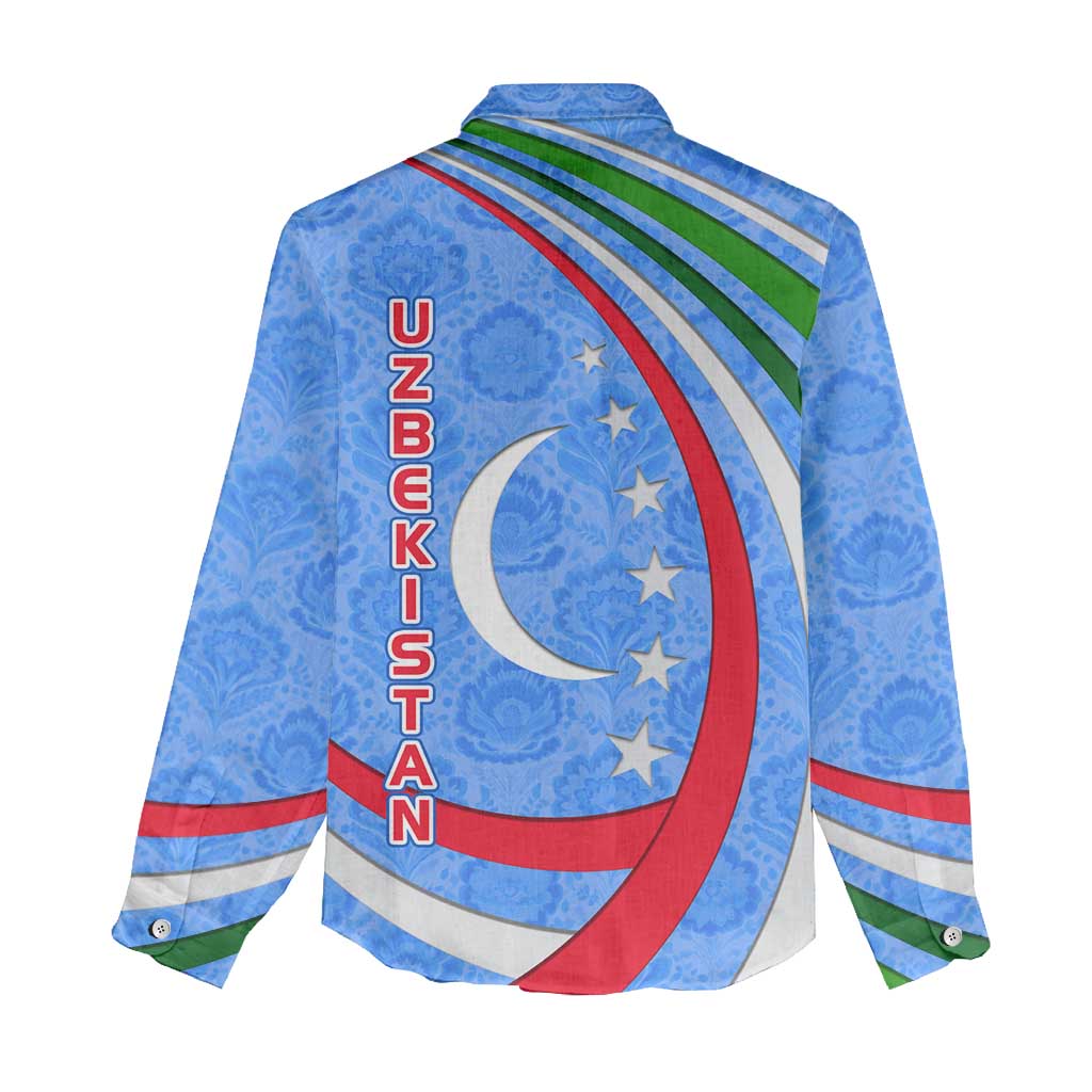 Uzbekistan Women Casual Shirt with Crescent Star and Ornamental Swirl Design - Wonder Print Shop