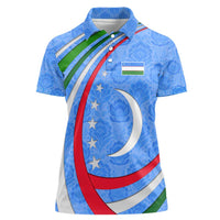 Uzbekistan Women Polo Shirt with Crescent Star and Ornamental Swirl Design - Wonder Print Shop
