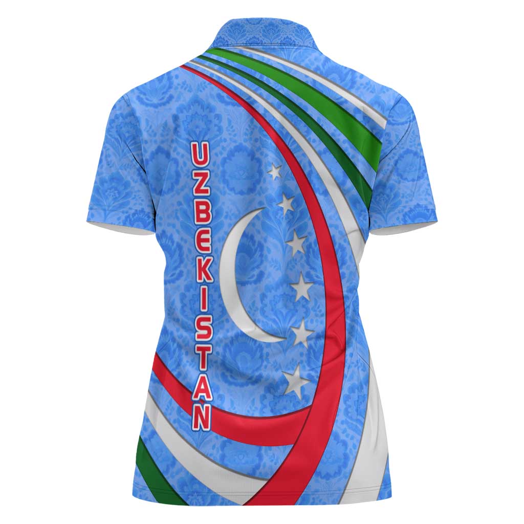 Uzbekistan Women Polo Shirt with Crescent Star and Ornamental Swirl Design - Wonder Print Shop