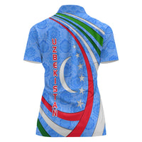 Uzbekistan Women Polo Shirt with Crescent Star and Ornamental Swirl Design - Wonder Print Shop