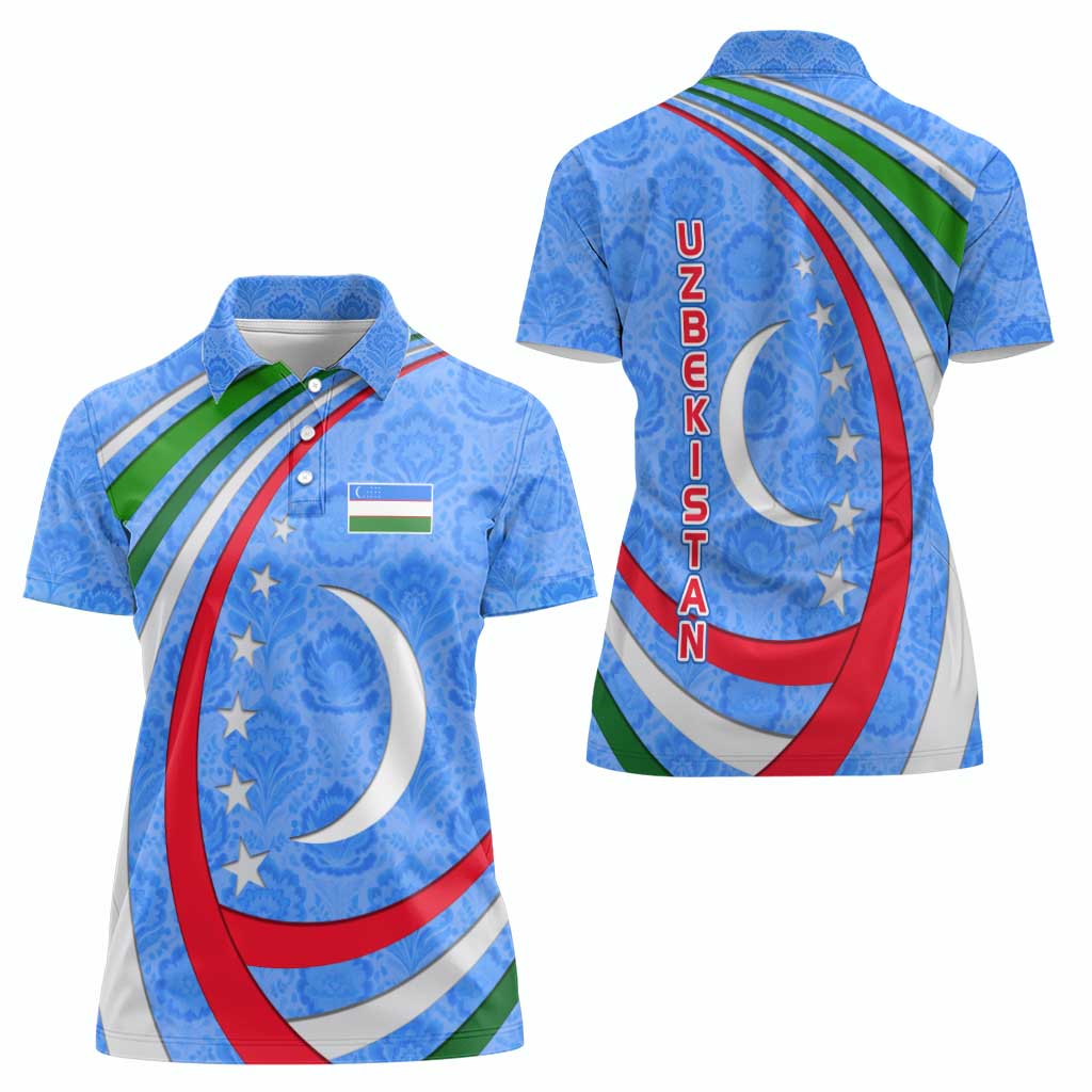 Uzbekistan Women Polo Shirt with Crescent Star and Ornamental Swirl Design - Wonder Print Shop