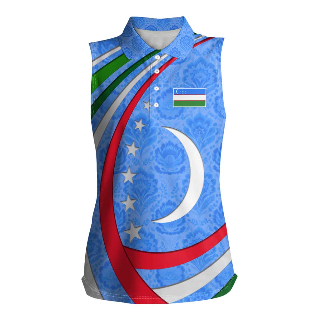 Uzbekistan Women Sleeveless Polo Shirt with Crescent Star and Ornamental Swirl Design - Wonder Print Shop