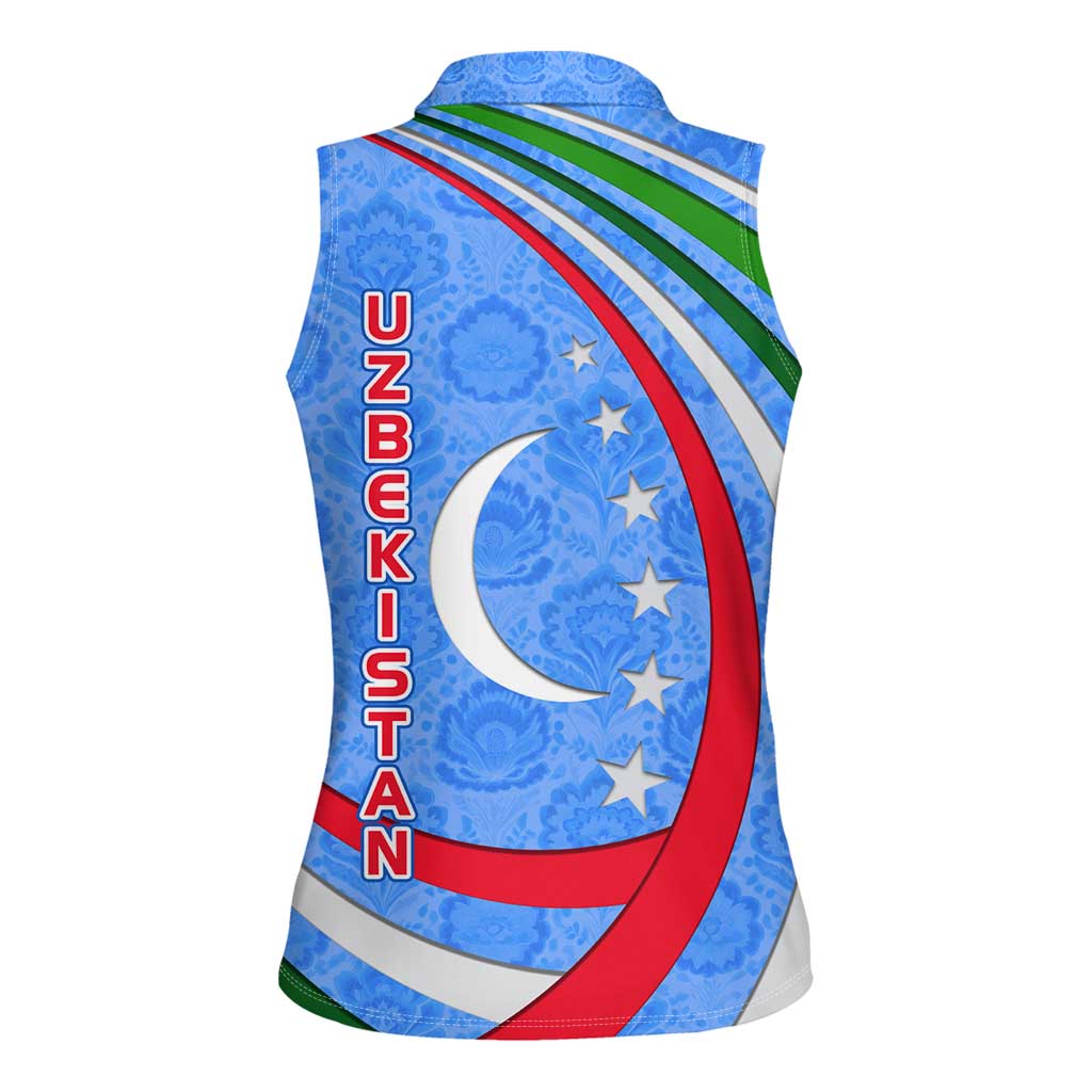 Uzbekistan Women Sleeveless Polo Shirt with Crescent Star and Ornamental Swirl Design - Wonder Print Shop