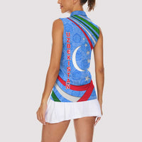 Uzbekistan Women Sleeveless Polo Shirt with Crescent Star and Ornamental Swirl Design - Wonder Print Shop