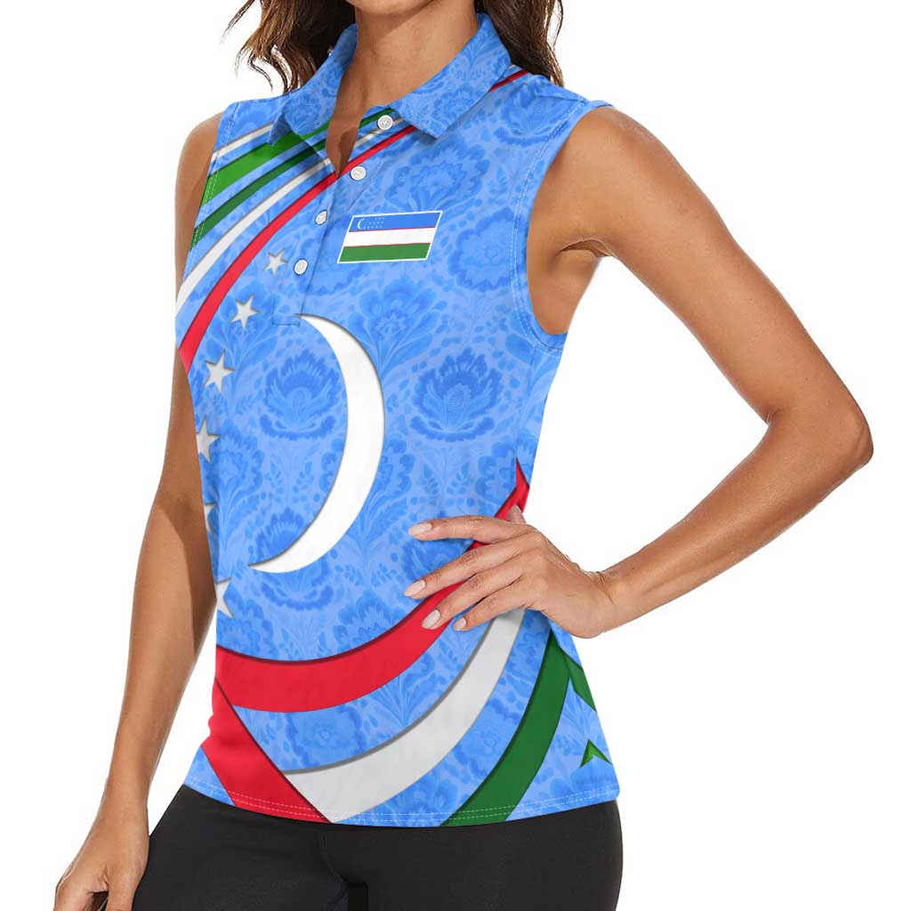Uzbekistan Women Sleeveless Polo Shirt with Crescent Star and Ornamental Swirl Design - Wonder Print Shop