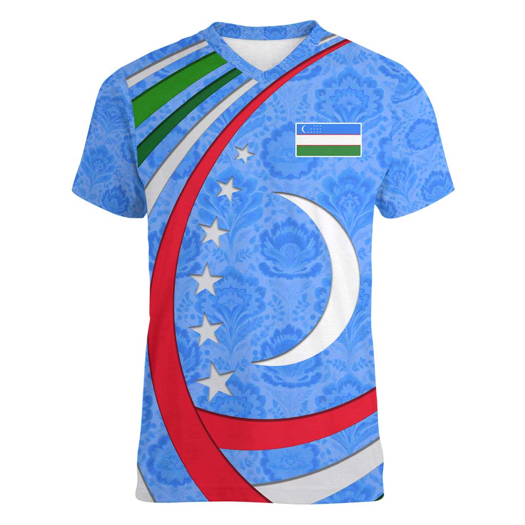 Uzbekistan Women V-Neck T-Shirt with Crescent Star and Ornamental Swirl Design - Wonder Print Shop