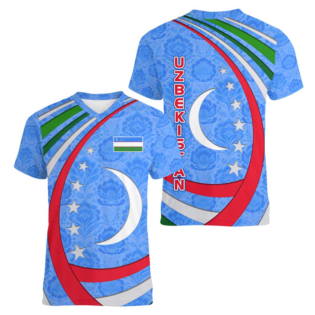 Uzbekistan Women V-Neck T-Shirt with Crescent Star and Ornamental Swirl Design - Wonder Print Shop