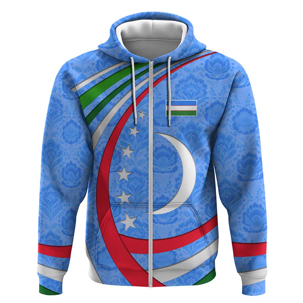 Uzbekistan Zip Hoodie with Crescent Star and Ornamental Swirl Design - Wonder Print Shop