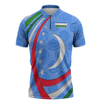 Uzbekistan Zipper Polo Shirt with Crescent Star and Ornamental Swirl Design - Wonder Print Shop