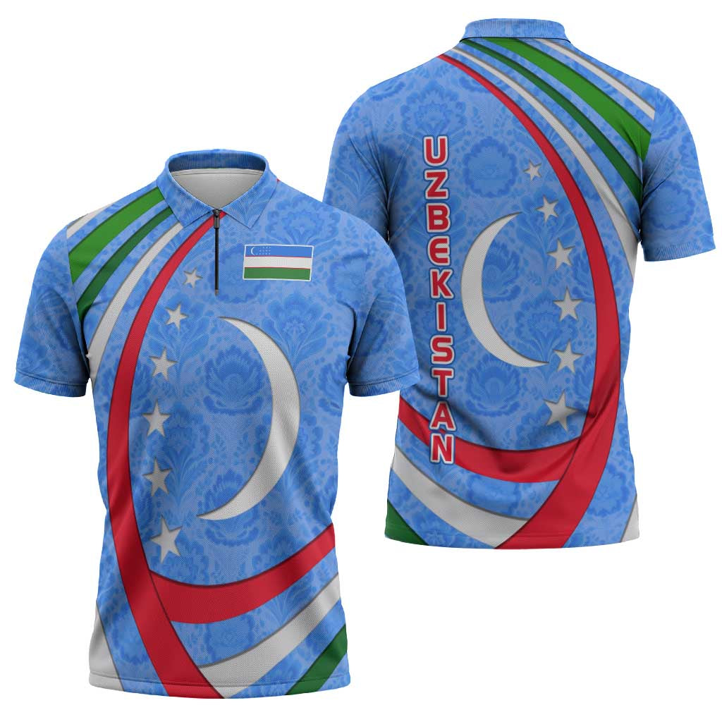 Uzbekistan Zipper Polo Shirt with Crescent Star and Ornamental Swirl Design - Wonder Print Shop