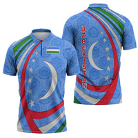 Uzbekistan Zipper Polo Shirt with Crescent Star and Ornamental Swirl Design - Wonder Print Shop