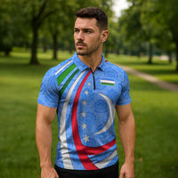 Uzbekistan Zipper Polo Shirt with Crescent Star and Ornamental Swirl Design - Wonder Print Shop