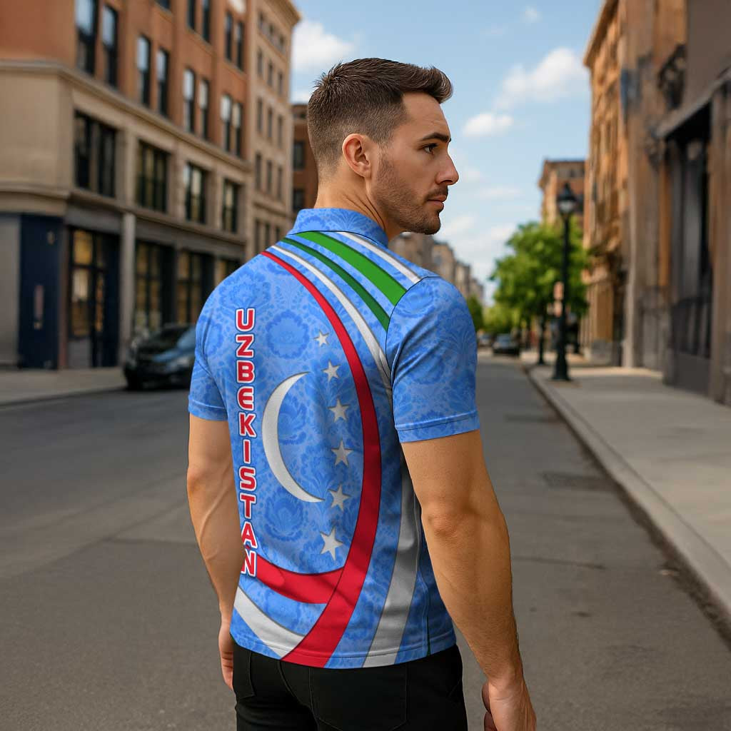 Uzbekistan Zipper Polo Shirt with Crescent Star and Ornamental Swirl Design - Wonder Print Shop