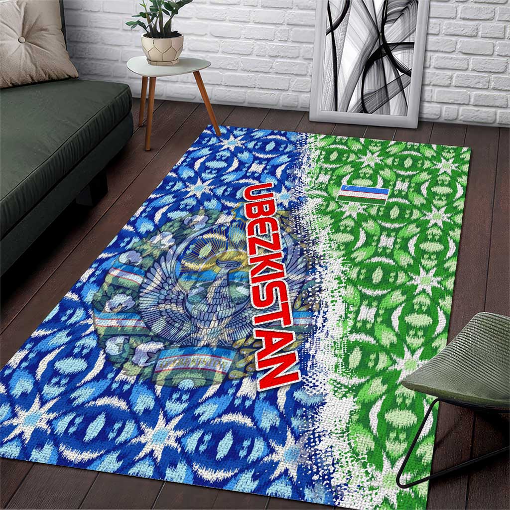 Uzbekistan Area Rug with Ikat Pattern and National Coat of Arms Design - Wonder Print Shop
