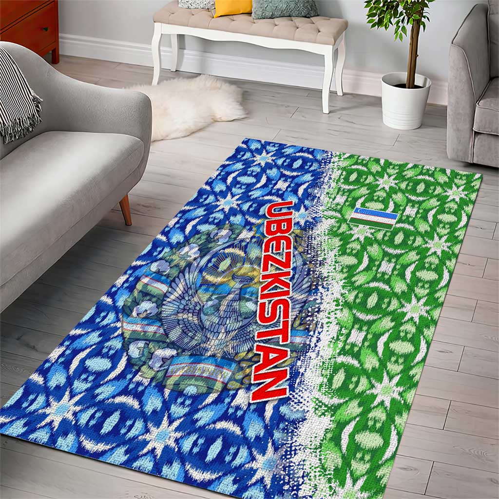 Uzbekistan Area Rug with Ikat Pattern and National Coat of Arms Design - Wonder Print Shop