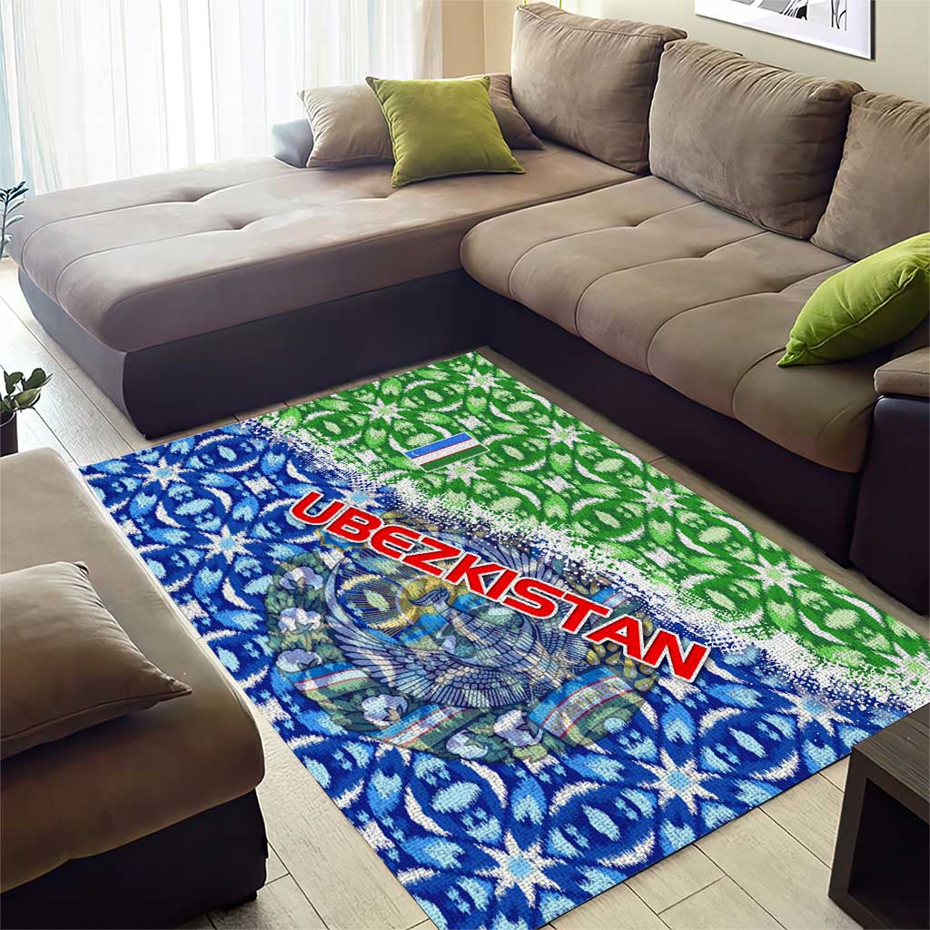 Uzbekistan Area Rug with Ikat Pattern and National Coat of Arms Design - Wonder Print Shop
