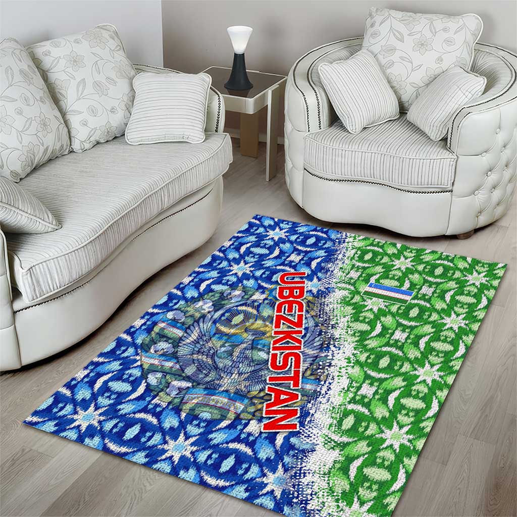 Uzbekistan Area Rug with Ikat Pattern and National Coat of Arms Design - Wonder Print Shop