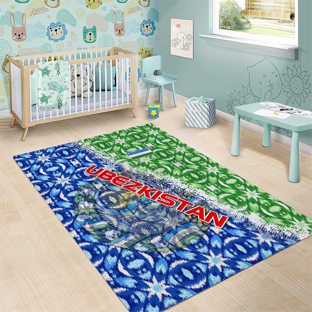 Uzbekistan Area Rug with Ikat Pattern and National Coat of Arms Design - Wonder Print Shop