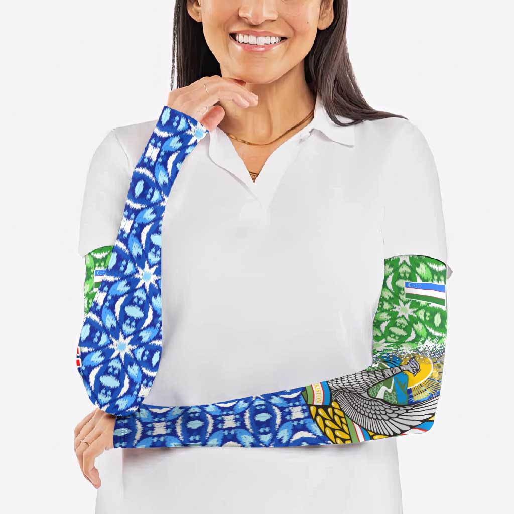 Uzbekistan Arm Sleeves with Ikat Pattern and National Coat of Arms Design - Wonder Print Shop