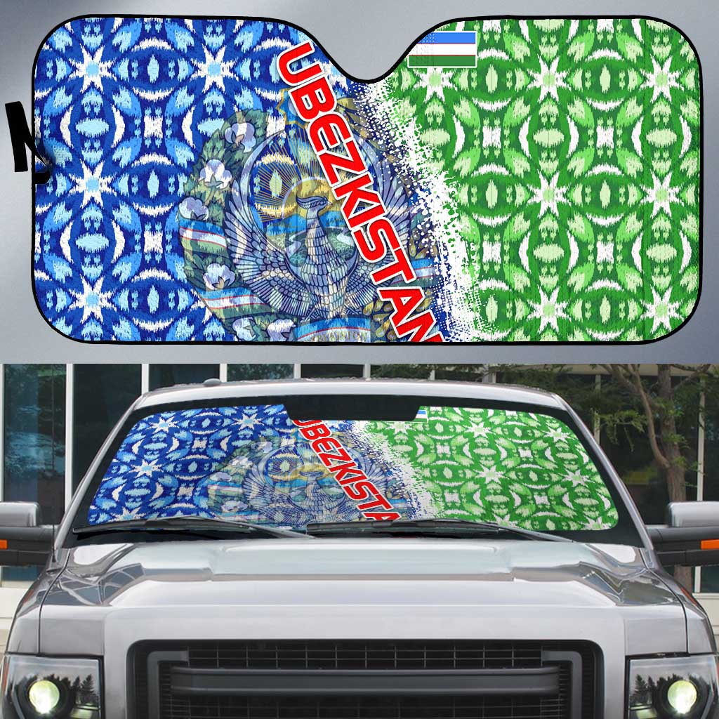 Uzbekistan Auto Sun Shade with Ikat Pattern and National Coat of Arms Design - Wonder Print Shop