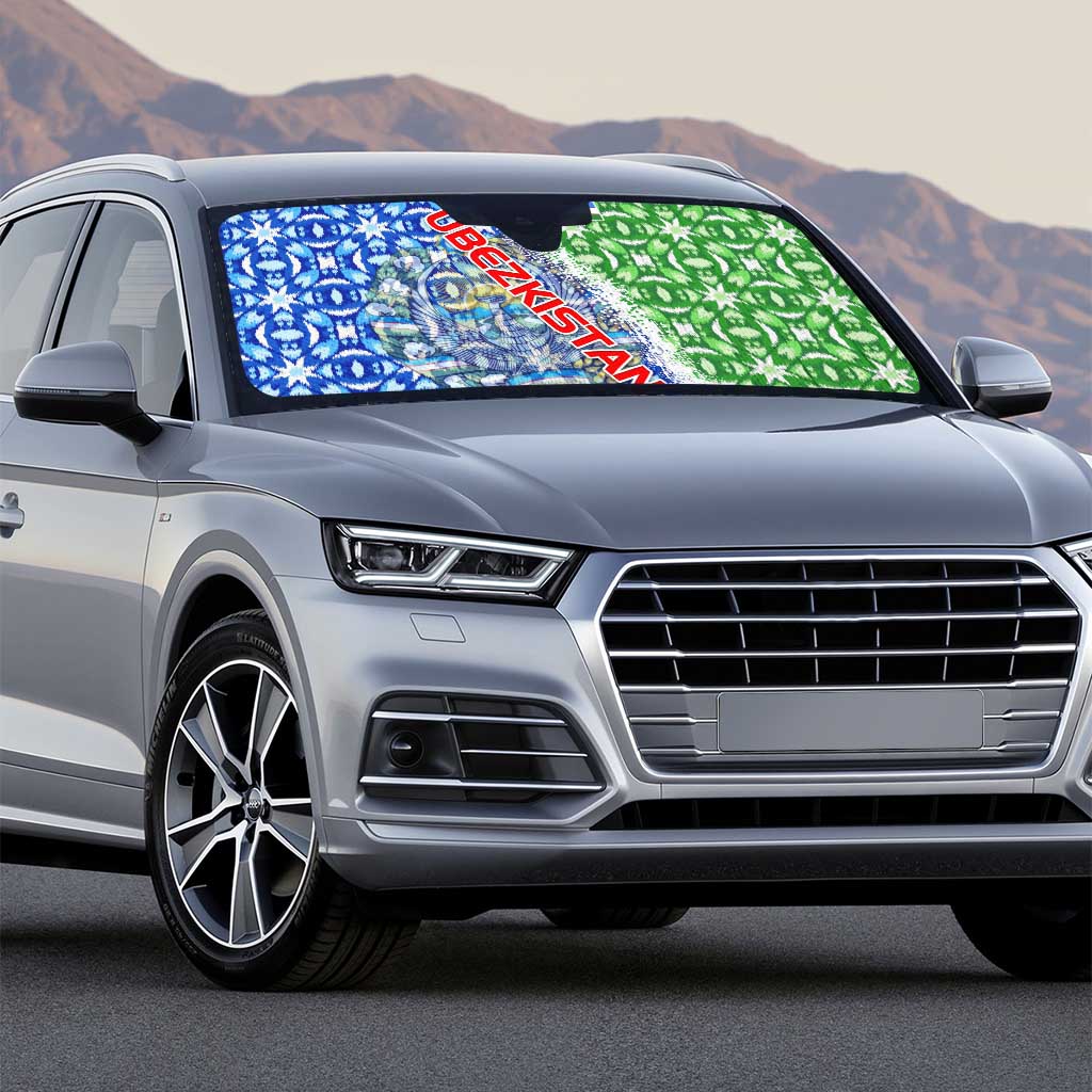 Uzbekistan Auto Sun Shade with Ikat Pattern and National Coat of Arms Design - Wonder Print Shop