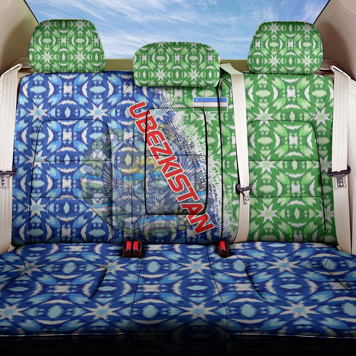 Uzbekistan Back Car Seat Cover with Ikat Pattern and National Coat of Arms Design - Wonder Print Shop
