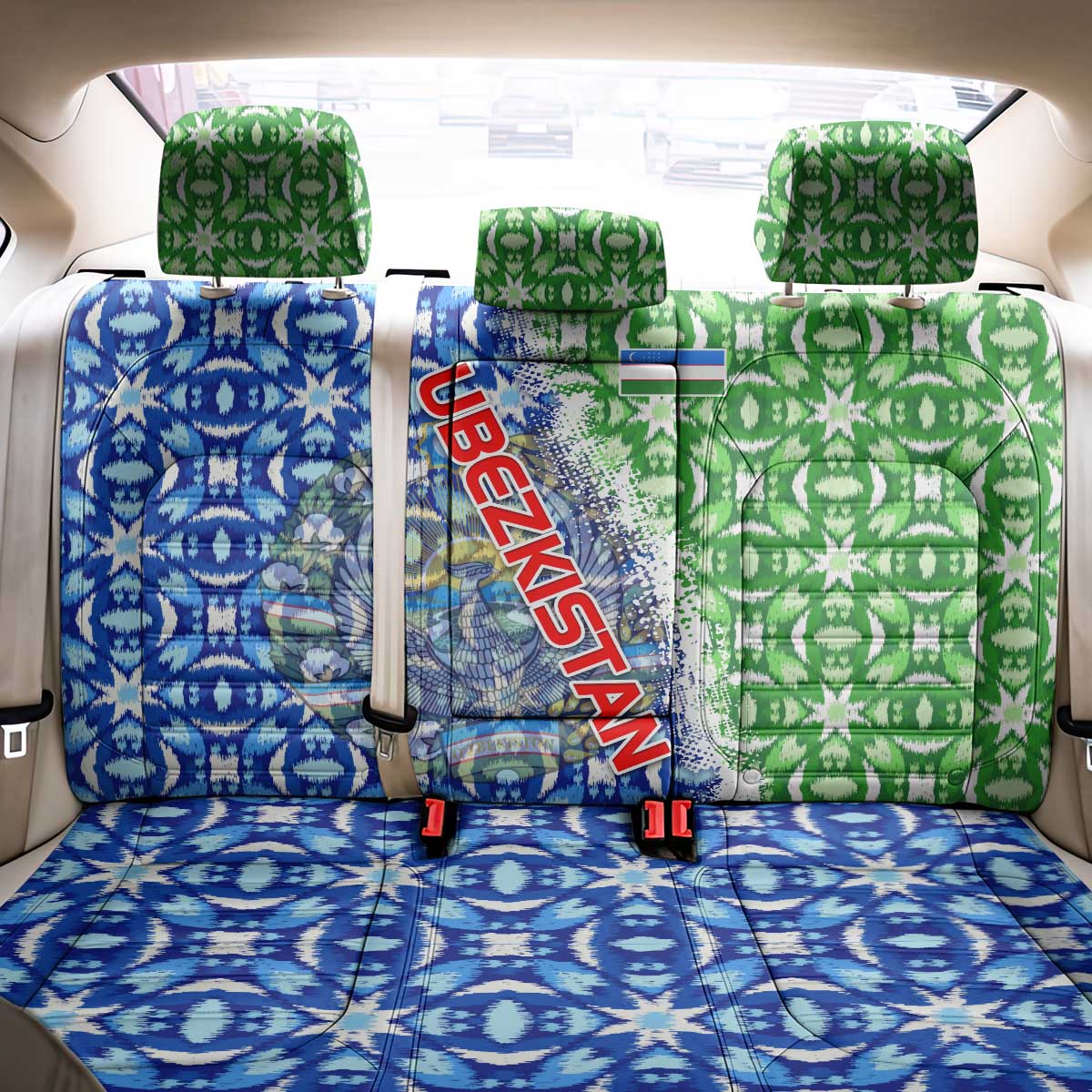 Uzbekistan Back Car Seat Cover with Ikat Pattern and National Coat of Arms Design - Wonder Print Shop