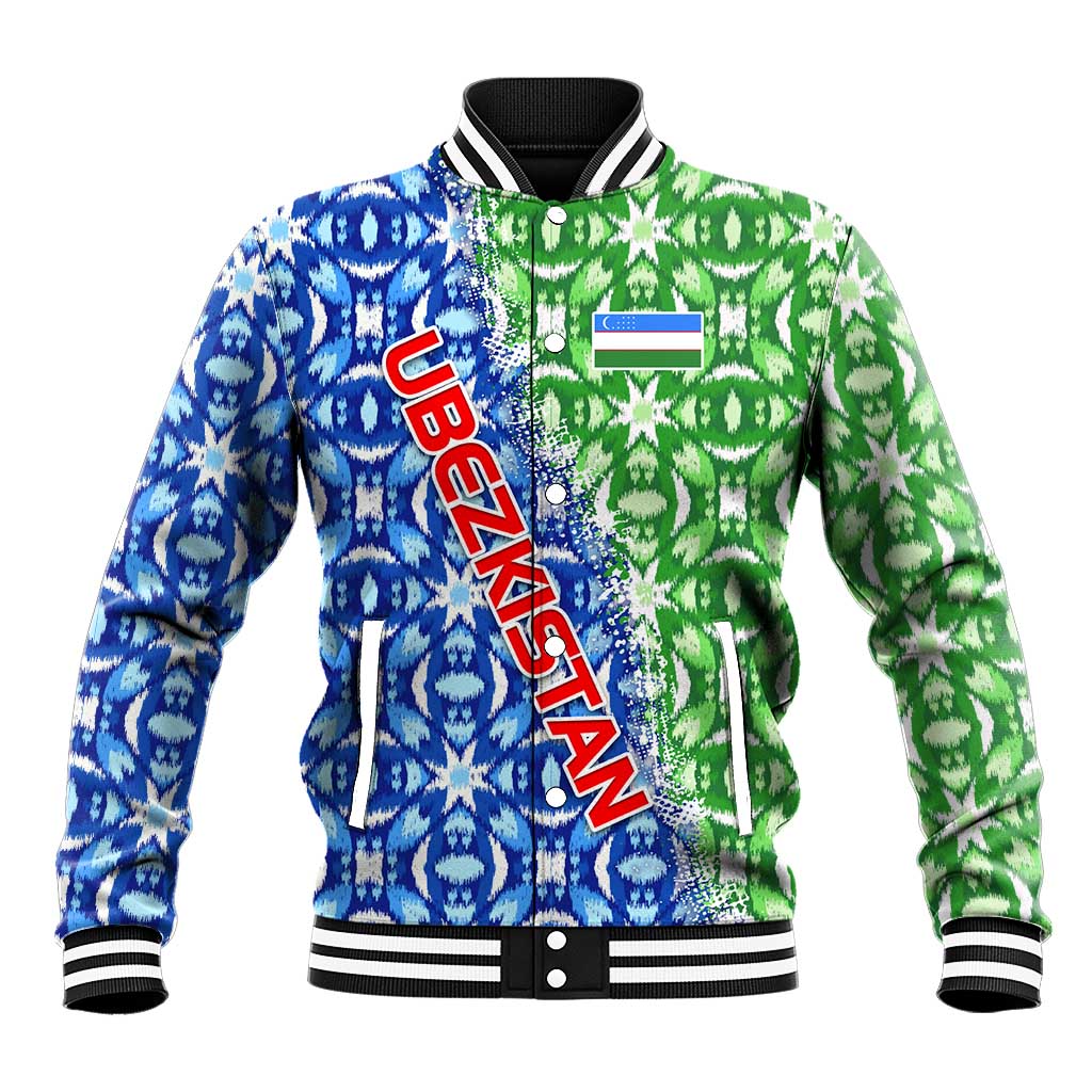 Uzbekistan Baseball Jacket with Ikat Pattern and National Coat of Arms Design - Wonder Print Shop