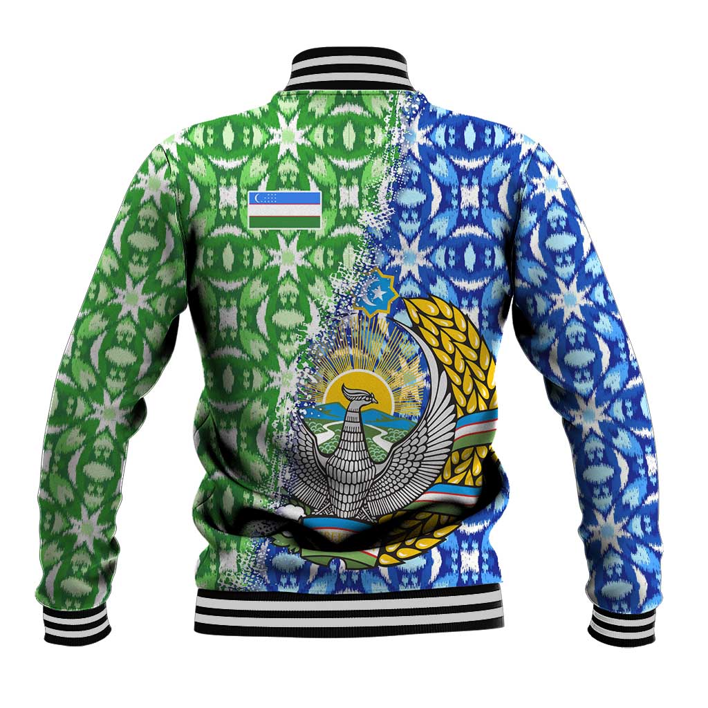 Uzbekistan Baseball Jacket with Ikat Pattern and National Coat of Arms Design - Wonder Print Shop