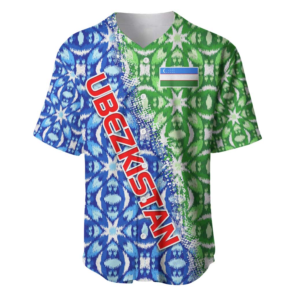 Uzbekistan Baseball Jersey with Ikat Pattern and National Coat of Arms Design - Wonder Print Shop
