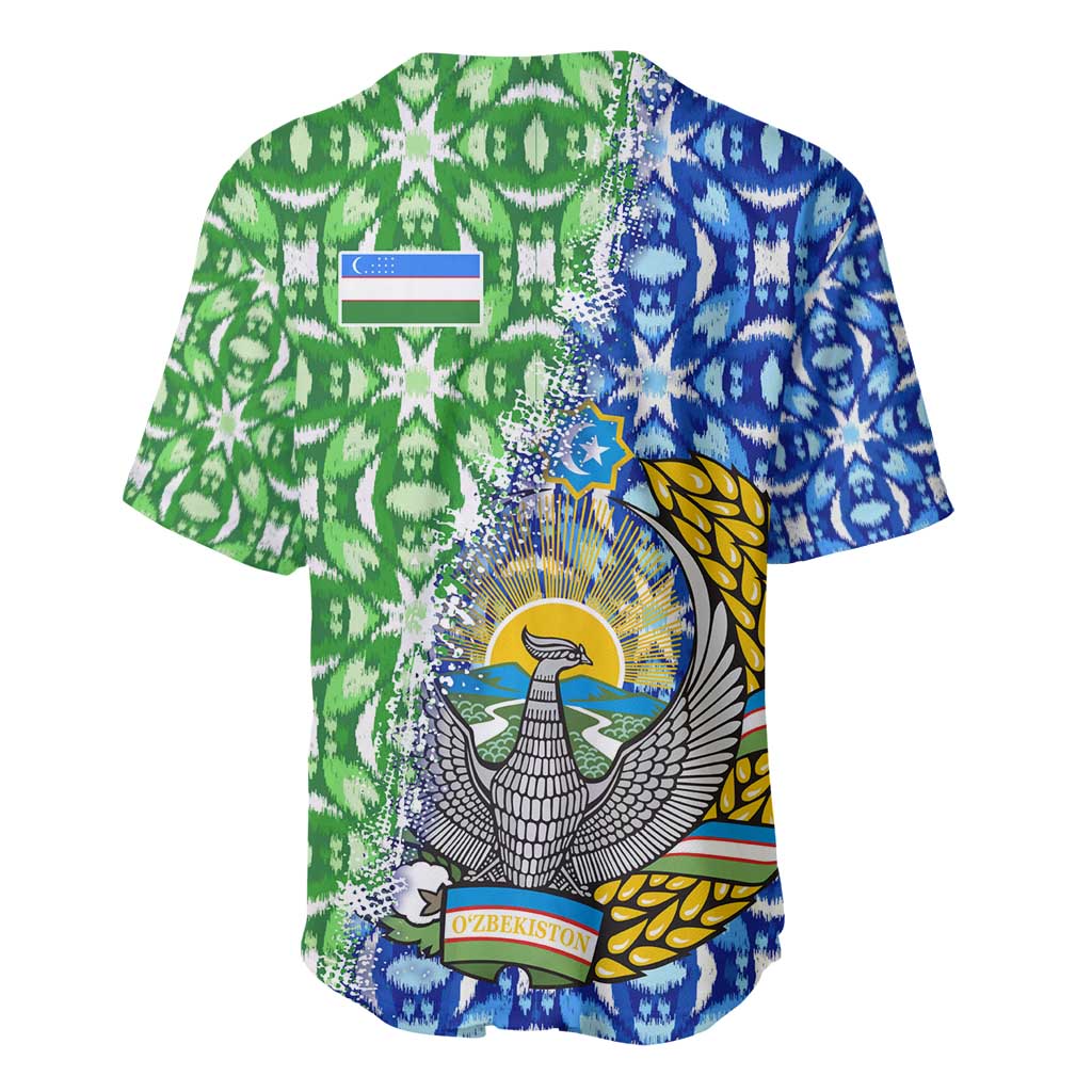 Uzbekistan Baseball Jersey with Ikat Pattern and National Coat of Arms Design - Wonder Print Shop