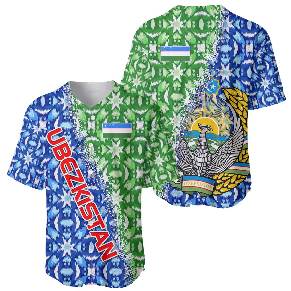 Uzbekistan Baseball Jersey with Ikat Pattern and National Coat of Arms Design - Wonder Print Shop
