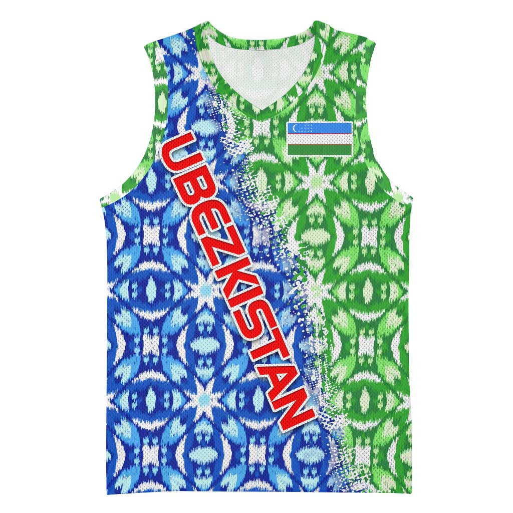 Uzbekistan Basketball Jersey with Ikat Pattern and National Coat of Arms Design - Wonder Print Shop