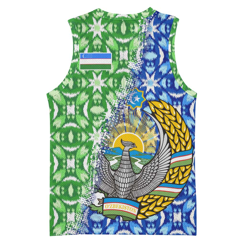 Uzbekistan Basketball Jersey with Ikat Pattern and National Coat of Arms Design - Wonder Print Shop
