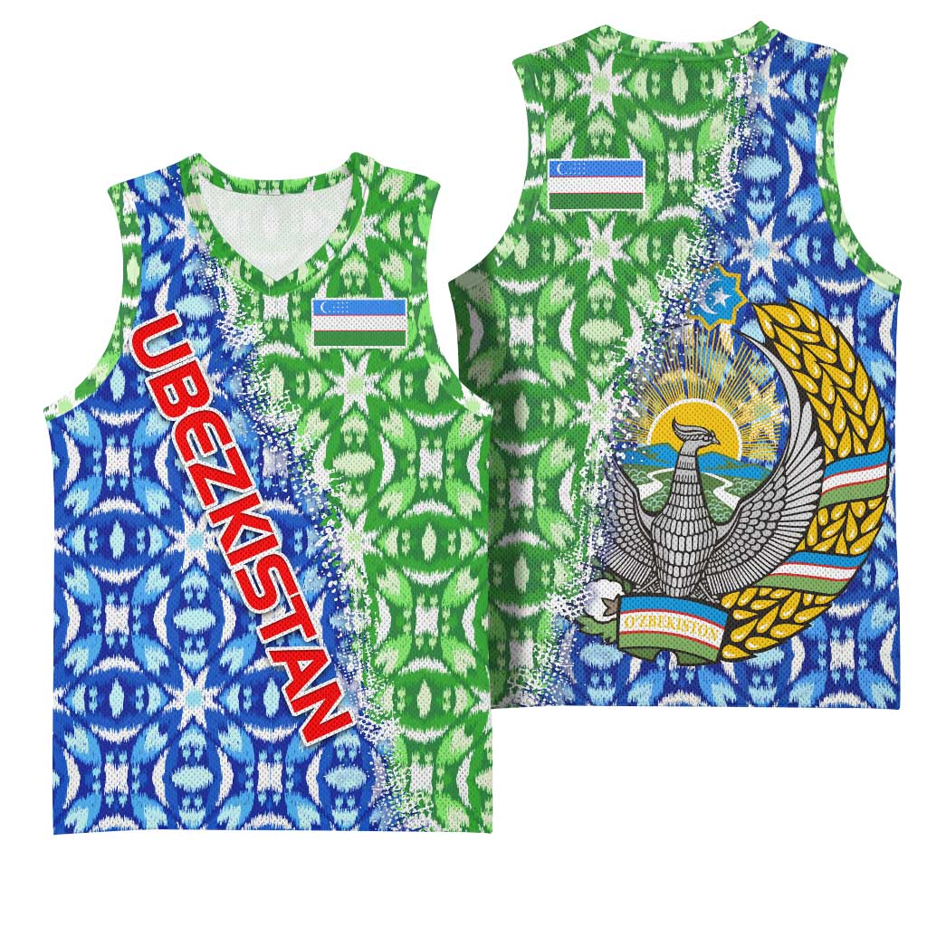 Uzbekistan Basketball Jersey with Ikat Pattern and National Coat of Arms Design - Wonder Print Shop