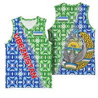 Uzbekistan Basketball Jersey with Ikat Pattern and National Coat of Arms Design - Wonder Print Shop
