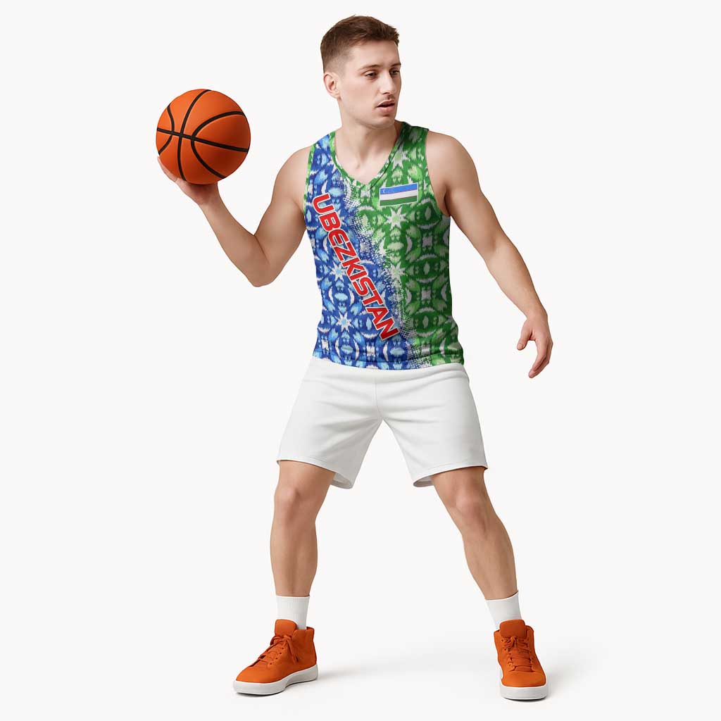 Uzbekistan Basketball Jersey with Ikat Pattern and National Coat of Arms Design - Wonder Print Shop