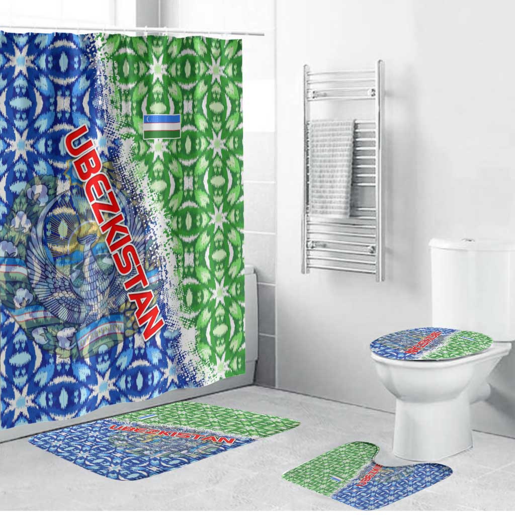 Uzbekistan Bathroom Set with Ikat Pattern and National Coat of Arms Design - Wonder Print Shop