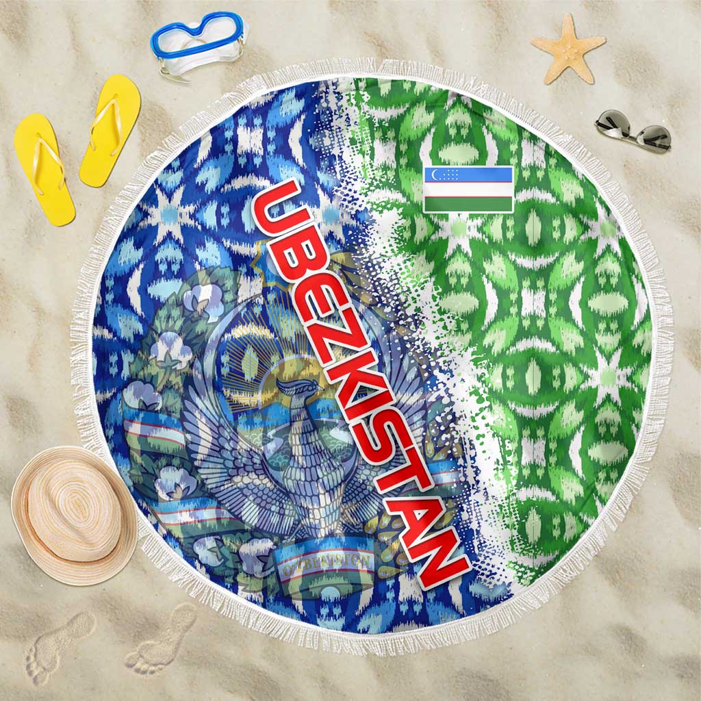 Uzbekistan Beach Blanket with Ikat Pattern and National Coat of Arms Design - Wonder Print Shop