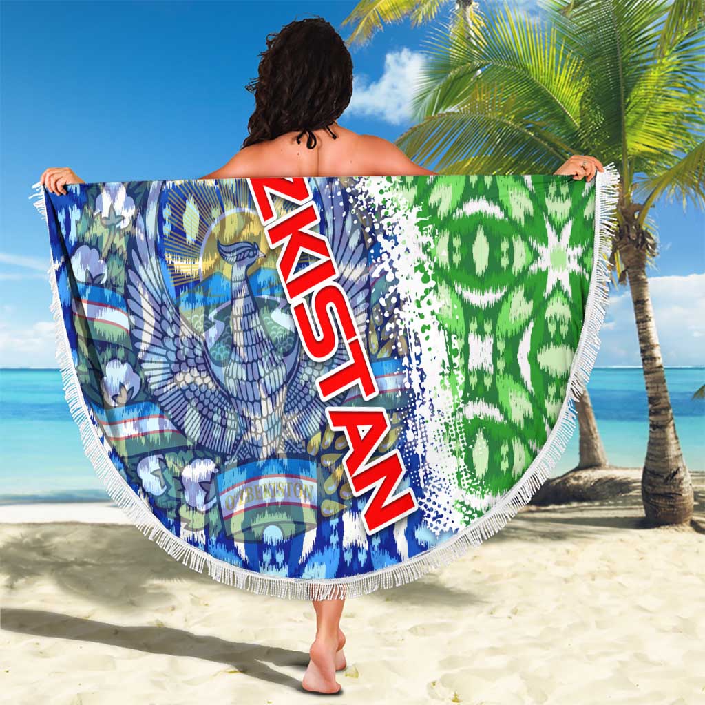 Uzbekistan Beach Blanket with Ikat Pattern and National Coat of Arms Design - Wonder Print Shop