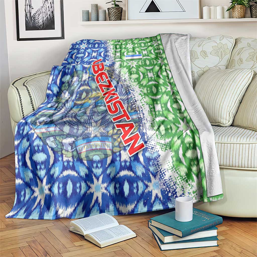 Uzbekistan Blanket with Ikat Pattern and National Coat of Arms Design - Wonder Print Shop
