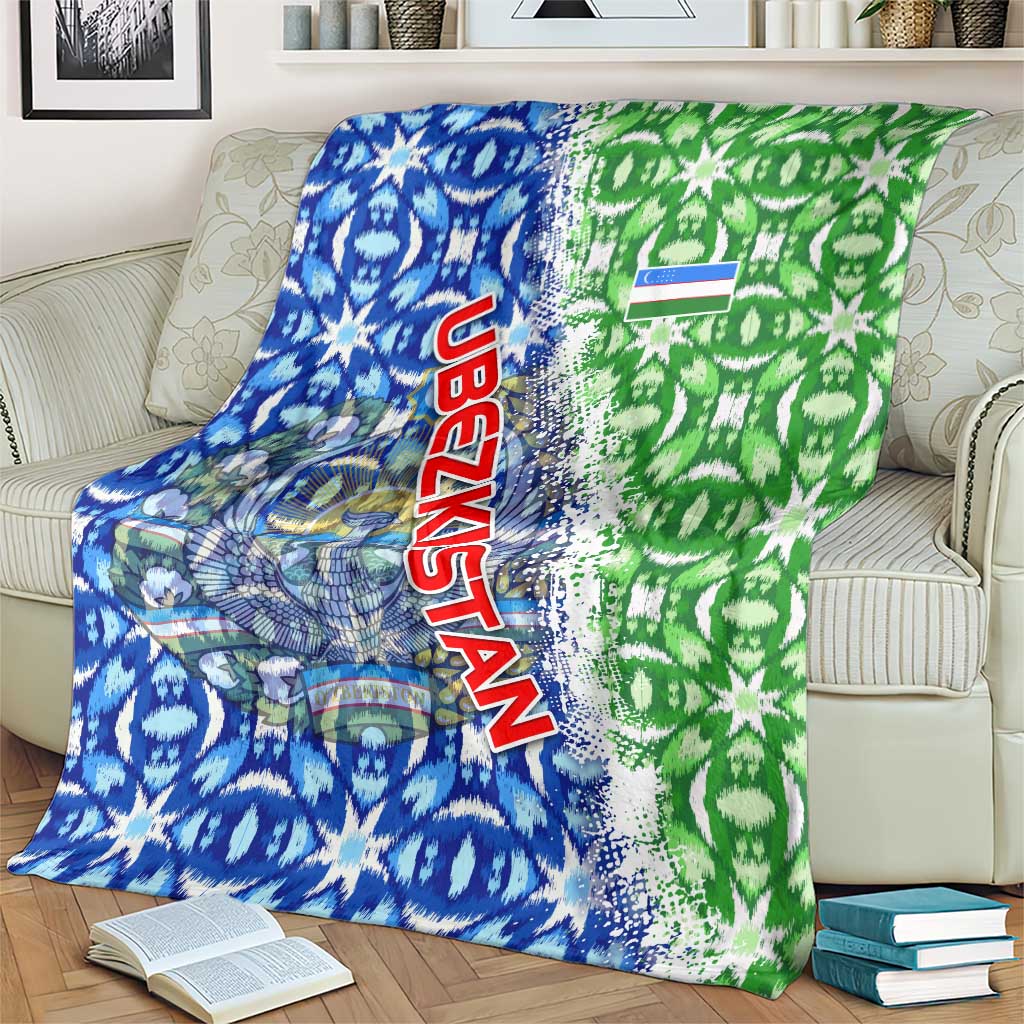 Uzbekistan Blanket with Ikat Pattern and National Coat of Arms Design - Wonder Print Shop