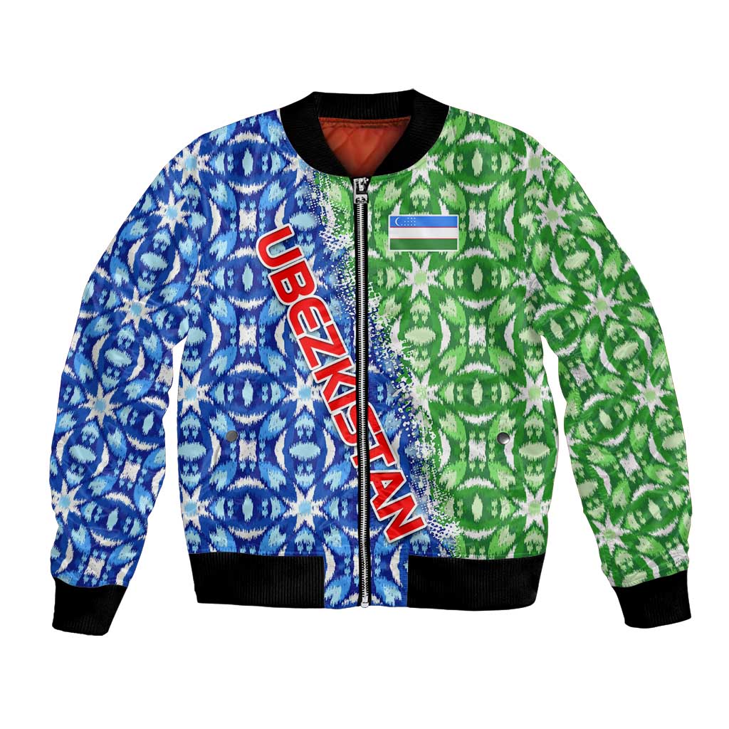 Uzbekistan Bomber Jacket with Ikat Pattern and National Coat of Arms Design - Wonder Print Shop