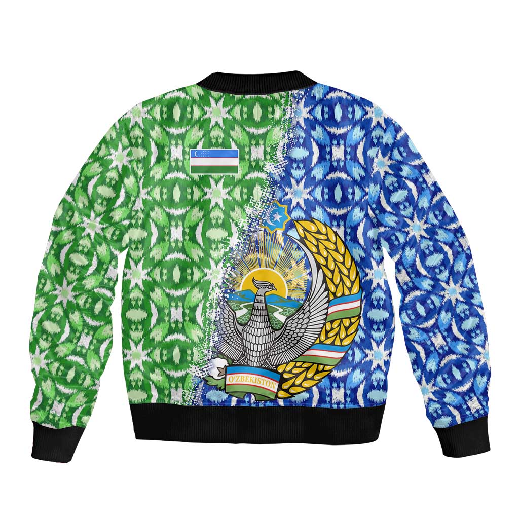 Uzbekistan Bomber Jacket with Ikat Pattern and National Coat of Arms Design - Wonder Print Shop