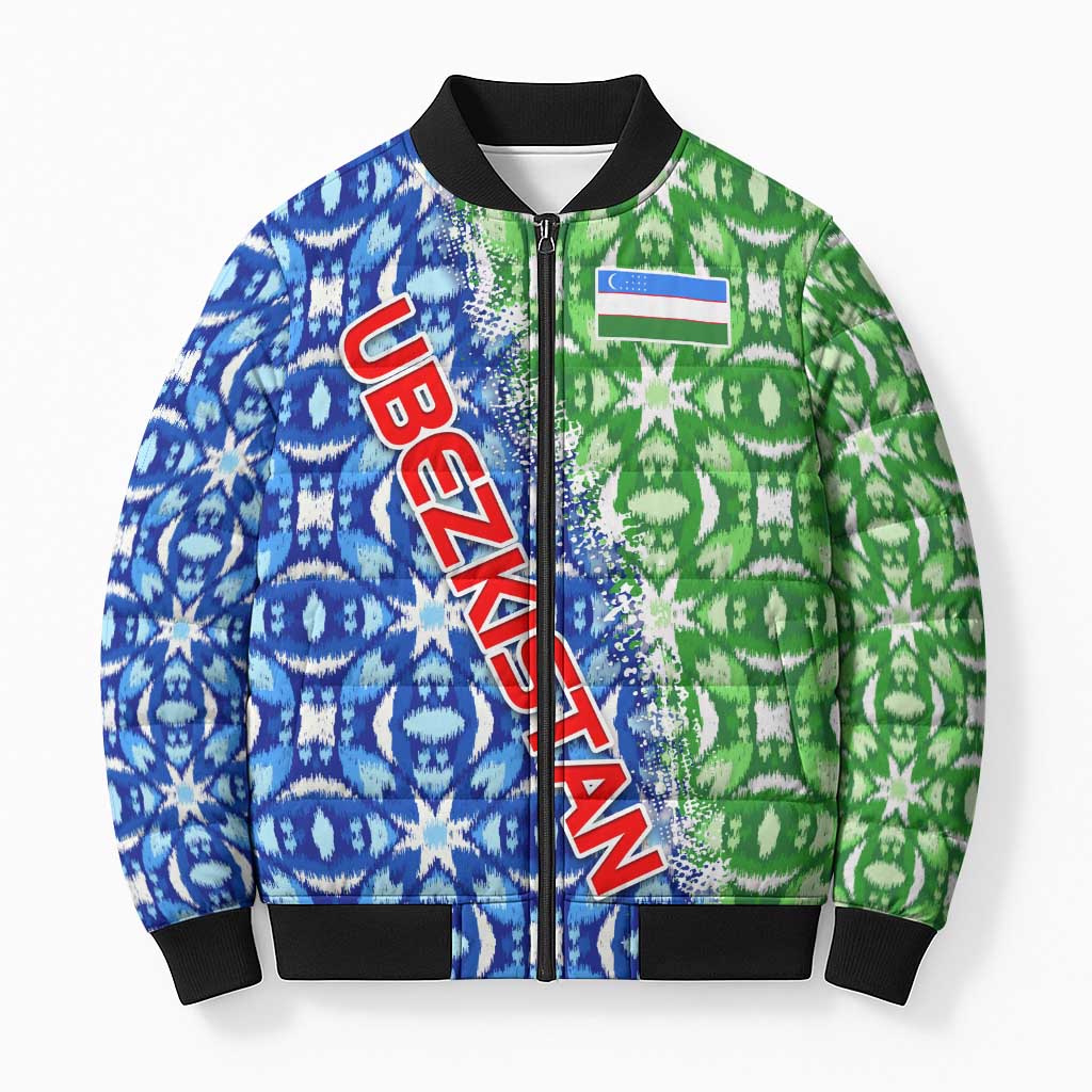 Uzbekistan Bomber Puffer Jacket with Ikat Pattern and National Coat of Arms Design - Wonder Print Shop