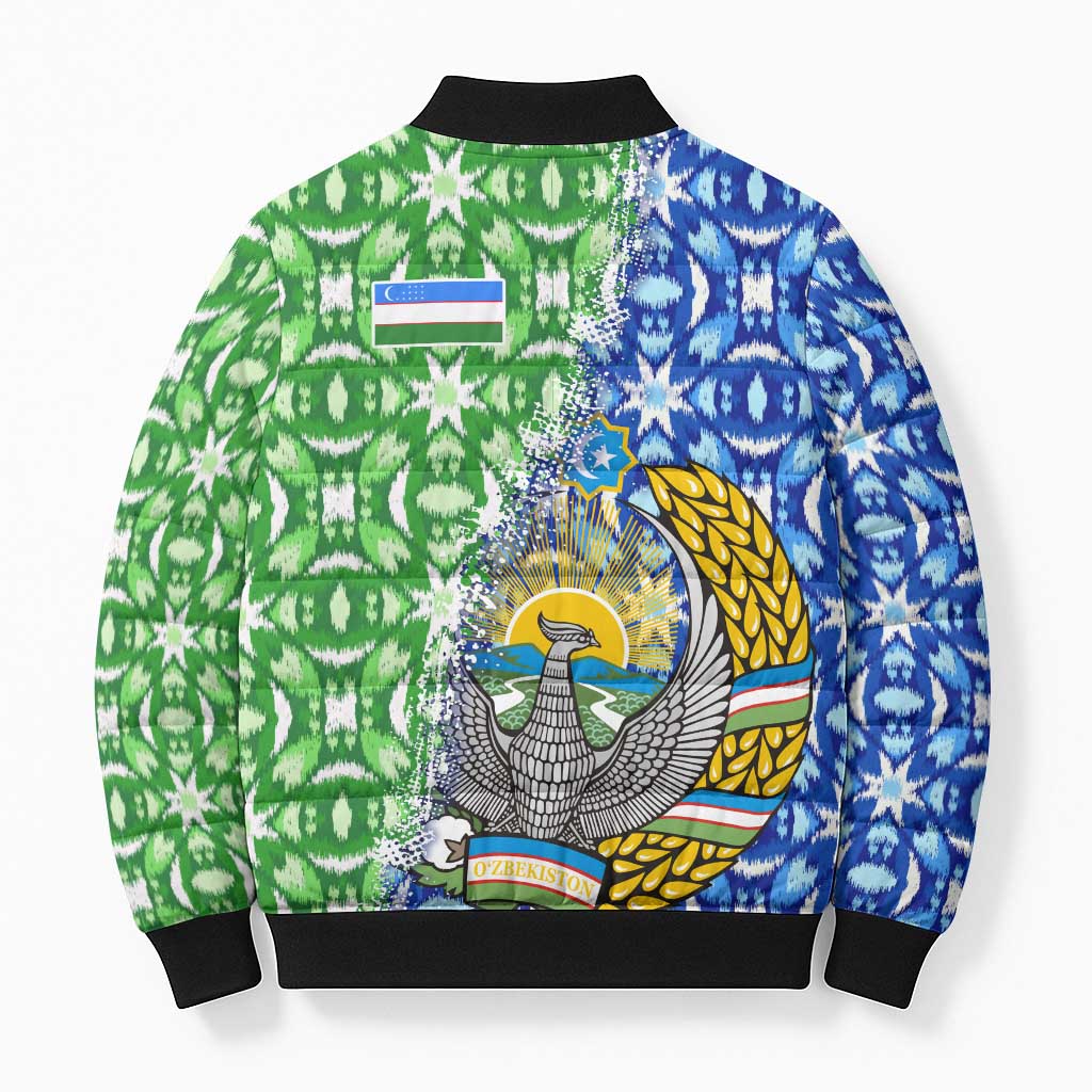 Uzbekistan Bomber Puffer Jacket with Ikat Pattern and National Coat of Arms Design - Wonder Print Shop