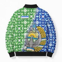 Uzbekistan Bomber Puffer Jacket with Ikat Pattern and National Coat of Arms Design - Wonder Print Shop
