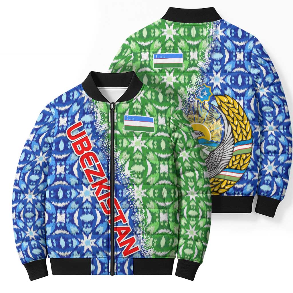 Uzbekistan Bomber Puffer Jacket with Ikat Pattern and National Coat of Arms Design - Wonder Print Shop